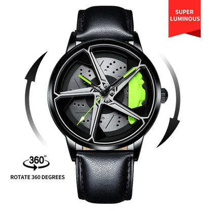 Sports Car Wheel Hub Men Watch Waterproof Rotate Watches Rim Watch Spinning Men'S Sports 360° Rotate Wheel Watches for Men Clock